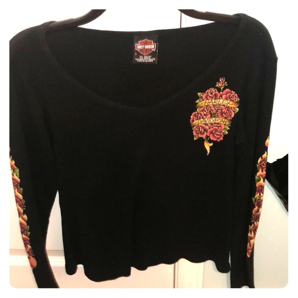 HD sz m rose tattoo vneck top biker motorcycle